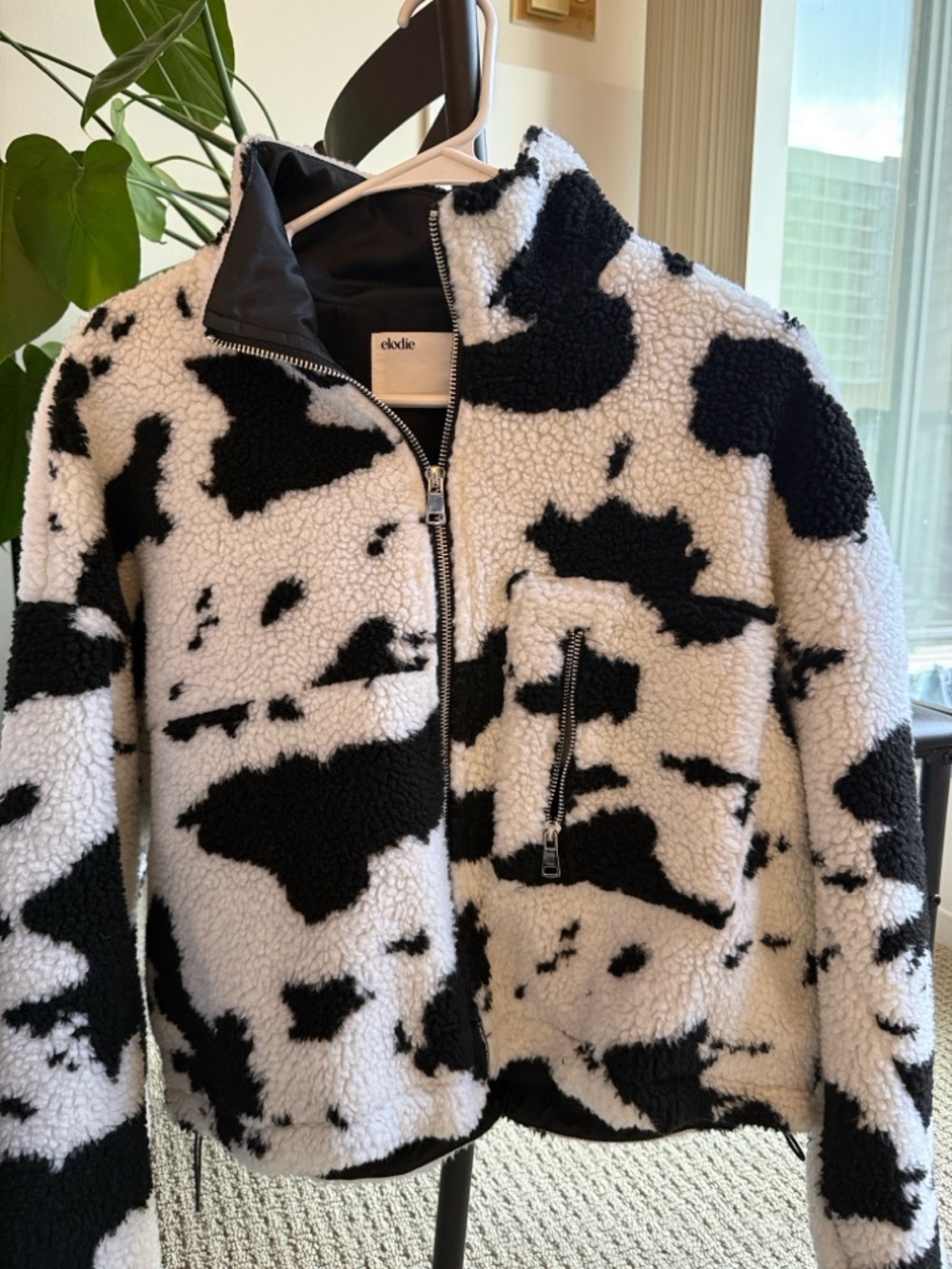 Elodie Black & White Cow Print Sherpa Zip Jacket